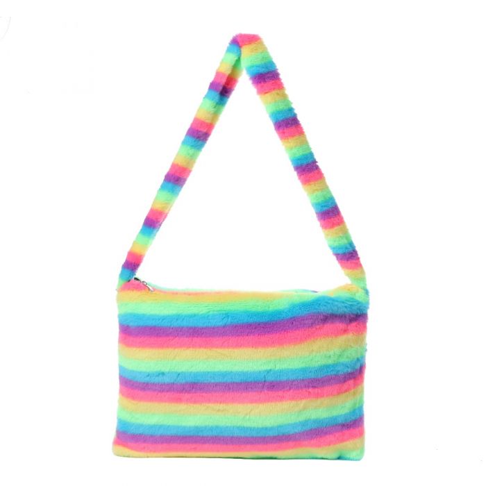 Fluffy Faux Fur Shoulder Bag In Rainbow Print